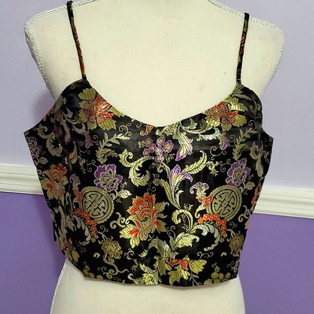 Polly & Esther Black Golden Metallic Asian Floral Boho Chic Party Crop Top L
